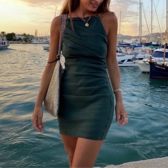 Zara draped linen blend dress in green size Xs - Picture 4 of 9